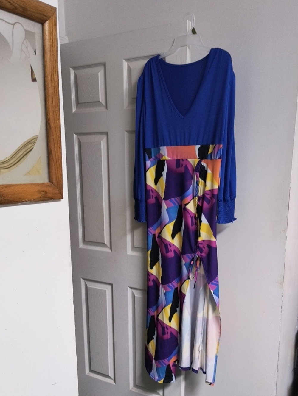 Women’s Maxi Dress with Blue Top and Colorful Printed Skirt
